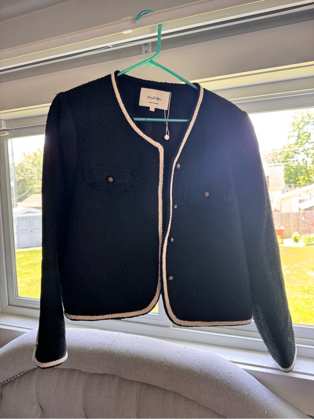 Simple Retro Black Boucle Cropped Jacket Cream Rope Trim L